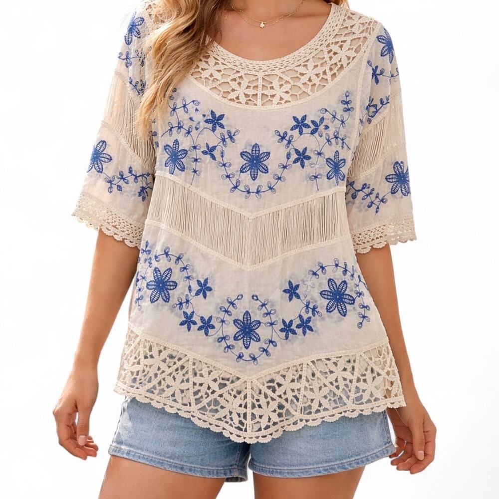 Anthro Boho Embroidered Lace Tunic Top | Blue Floral Crochet Fringe Blouse Sz L